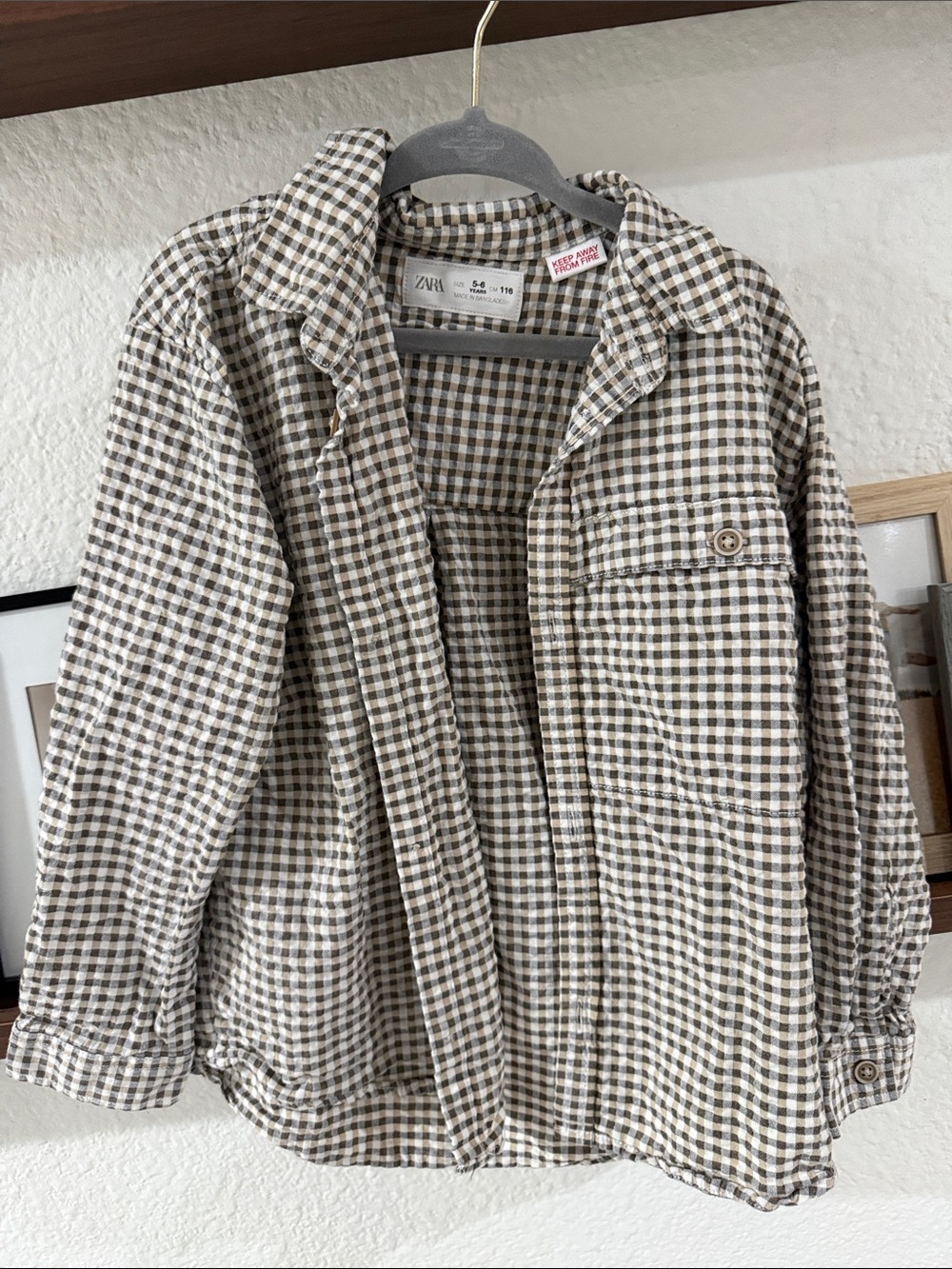 Zara Brown and White Gingham Button-Up Shirt Jacket